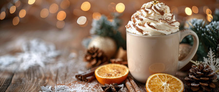 A cup filled with hot chocolate topped with fluffy whipped cream and garnished with a slice of orange. AI Generativeの素材