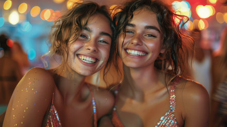 Two young women are standing together, smiling and posing for the camera in a casual and happy manner.の素材