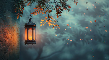 A lantern suspended from a tree branch covered in green leaves.の素材