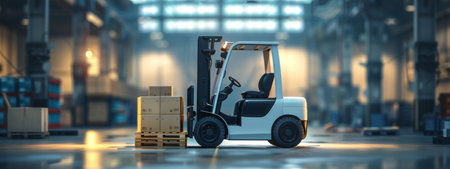 A forklift sits stationary in a warehouse, awaiting its next task among shelves and boxes.の素材