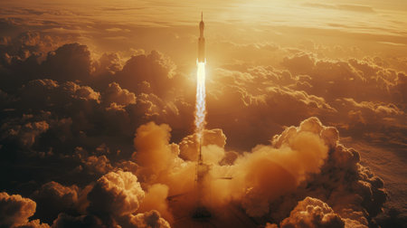 A dynamic shot of a space rocket seconds after liftoff, the force of the launch causing ripples in the surrounding clouds of smoke, the rocket soaring upwards with a sense of unstoppable momentum --ar 16:9 --style raw --stylize 550 Job ID: f589cec0-c18c-43a9-833f-fa61d4bbb1fa AI Generativeの素材