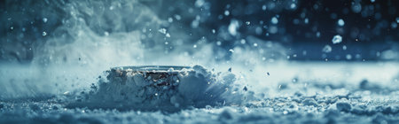 A detailed view of a hockey puck lying on a wet surface during rainfall. AI Generativeの素材