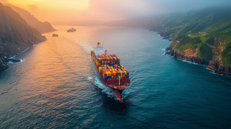 A massive cargo ship sails across the vast expanse of the open ocean, surrounded by nothing but water. AI Generativeの素材