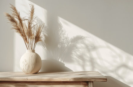 A white vase sits on a table, holding dried plants. The muted colors create a simple yet elegant display.の素材
