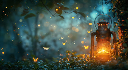 A mystical night scene with fireflies illuminating the air, creating an enchanting atmosphere. A lantern glows softly in the background, adding to the magical ambiance of the forest. --ar 64:35 --style raw --stylize 250 Job ID: 1a09bf64-810f-49e7-b7ec-889ad973da92 AI Generativeの素材