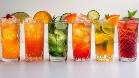 A lively photograph of a group of summer cocktails in various bright colors and glass shapes, each with its own unique garnish, arranged in a row against a white background, showing the diversity and creativity of tropical mixology --ar 16:9 --style raw --stylize 550 Job ID: e475da8a-4138-4fc1-9986-7a89fd5d8043 AI Generativeの素材