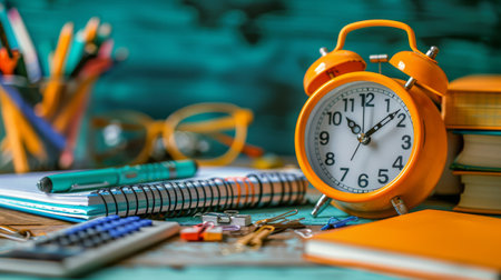 A blue alarm clock rests on top of a wooden table. AI Generativeの素材