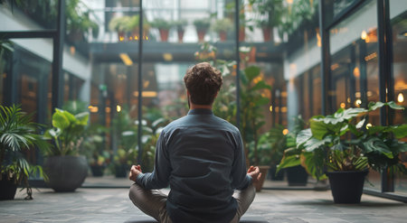 A man is seated in a lotus position in front of a large building, demonstrating relaxation and mindfulness. AI Generativeの素材