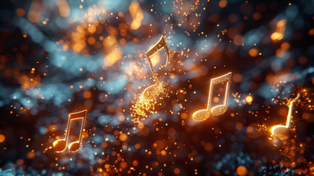A dramatic close-up of a cluster of silver musical notes suspended in a beam of light, the metallic sheen and the sharp focus on the notes set against a dark, blurred background, highlighting the precision and clarity of musical expression --ar 16: 9 --style raw --stylize 550 Job ID: a877aa67-a292-4d8b-9ef2-c9a3094c9732 AI Generativeの素材