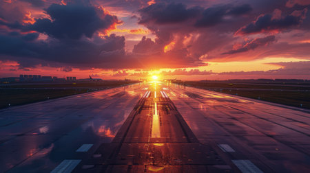 The sun sets over the airport runway, casting a warm glow on the tarmac and silhouetting the planes as they prepare for departure or arrival. AI Generativeの素材