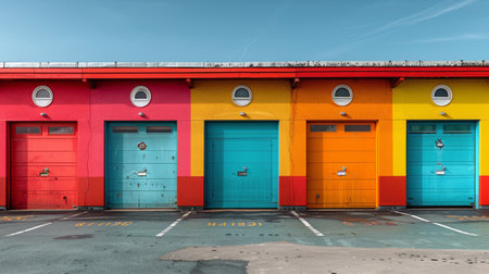 A line of vibrant garage doors stands in a parking lot, each painted in a different bright color. AI Generativeの素材