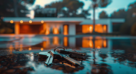 A photo of keys on a table in front of a modern house, with a blurred background and golden hour lighting, with a depth of field effect. The photo is in the style of a minimalist modern aesthetic. --ar 64:35 --style raw --stylize 250 Job ID: f46a390b-0f4f-4cab-96de-234d05a90938 AI Generativeの素材
