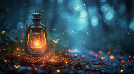 A lantern glowing softly in the darkness, casting warm light on an enchanted forest filled with fireflies and fairy lights. The background is dark blue with subtle stars twinkling above, creating a magical atmosphere. --ar 64:35 --style raw --stylize 250 Job ID: fffc6199-97d2-47ff-99d8-77eb0c6251ed AI Generativeの素材