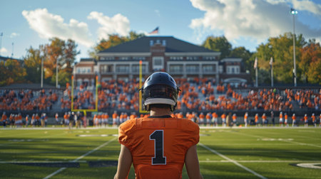 A football player wearing an orange uniform stands on a field, ready for a game. AI Generativeの素材