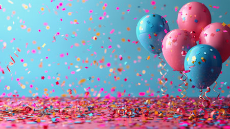 Colorful balloons and confetti scattered on a vibrant blue background. AI Generativeの素材