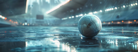 A traditional black and white soccer ball sitting on top of wet and muddy ground after being played in the rain. AI Generativeの素材