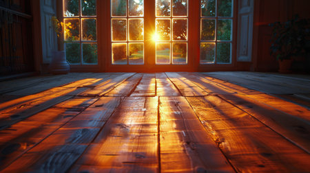 A vibrant image of golden sunlight pouring through a large window, casting a warm, glowing pattern on the wooden floor, the contrast between the light and shadows creating a peaceful and inviting atmosphere in the room --ar 16:9 --style raw - -stylize 550 Job ID: 668f0ff5-230f-4943-9cbf-6c5826f5c6a0 AI Generativeの素材