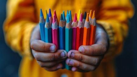 A person holding a bunch of colored pencils in their hand. AI Generativeの素材