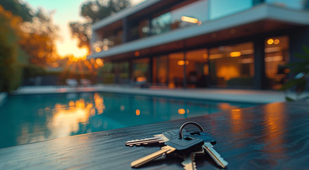 A photo of keys on a table in front of a modern house, with a blurred background and golden hour lighting, with a depth of field effect. The photo is in the style of a minimalist modern aesthetic. --ar 64:35 --style raw --stylize 250 Job ID: f46a390b-0f4f-4cab-96de-234d05a90938 AI Generativeの素材