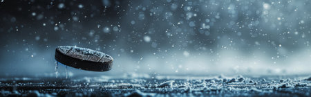 Close up of an ice hockey puck flying on a dark blue background with fog and snow, in the style of a banner design. --ar 16:5 --style raw --stylize 250 Job ID: 255e63fd-7a1f-4da2-a519-6bf943f625b3 AI Generativeの素材