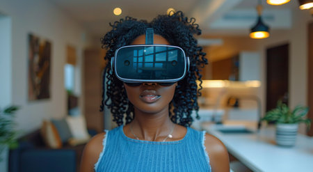 A woman is standing in a kitchen wearing a virtual reality headset.の素材