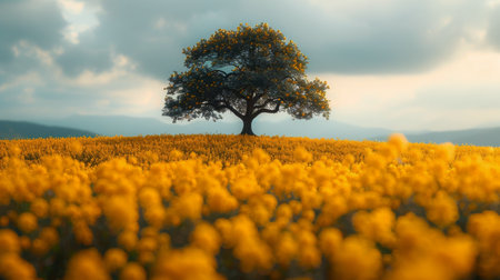 A single tree standing tall in a vast field of vibrant yellow flowers under a clear blue sky.の素材