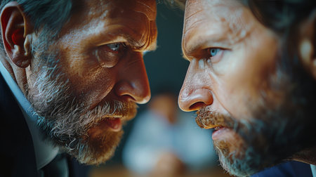 Two men of Caucasian descent standing next to each other on a city street, wearing casual clothing and looking towards the camera.の素材