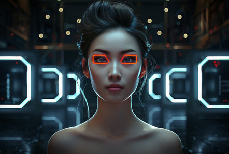 A woman with striking blue eyes and a radiant complexion, her face glowing with brightness.の素材