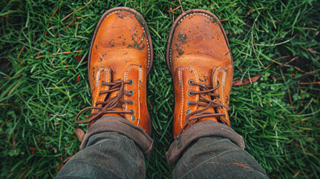 An intimate image of a gardener's feet standing on a freshly mown lawn, the contrast between the worn boots and the soft, neatly trimmed grass emphasizing the satisfaction of a job well done --ar 16:9 --style raw --stylize 550 Job ID: 57e06009-0874-4504-a55c-da2679aed0be AI Generativeの素材