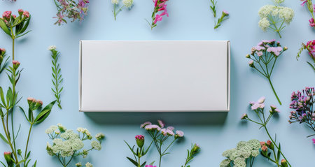 A white square box sits surrounded by a vibrant display of pink flowers in a garden setting. AI Generativeの素材