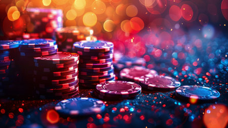 A stack of colorful poker chips arranged neatly on top of a wooden table.の素材