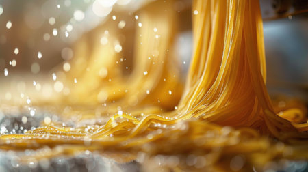 Close-up of a machine in action, making noodles with precision and efficiency.の素材