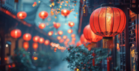 A city street adorned with hanging lanterns from the ceiling, illuminating the path for pedestrians below.の素材