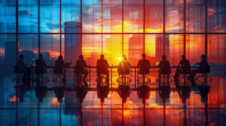 Diverse group of individuals sitting at a table, engaged in conversation, in front of a window with sunlight streaming in.の素材