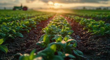 A field of green plants with the sun setting in the background, creating a warm and vibrant scene.の素材