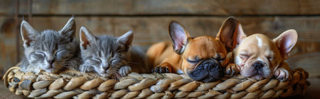 Multiple dogs and cats of various breeds and colors peacefully sleeping together inside a large basket.の素材