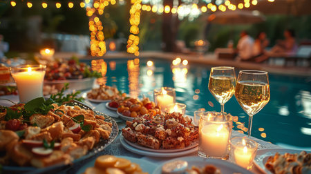Wedding table with glasses of champagne and snacks in swimming poolの素材