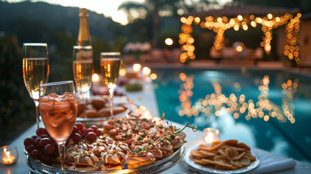 A dramatic close-up of a beautifully decorated table with party snacks and drinks, the pool's reflection in the background and the twinkling lights creating an inviting and elegant setting for the high school celebration --ar 16:9 --style raw --stylize 550 Job ID: 597ceb88-12a3-4599-9526-307b40af555b AI Generativeの素材