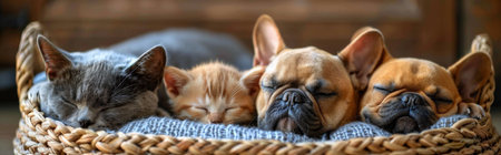 Three fluffy kittens and a loyal dog snuggled together in a cozy basket, peacefully napping.の素材