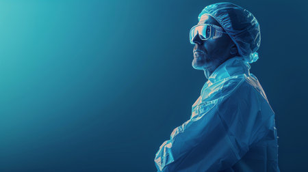 A man in a surgical gown and protective goggles ready for medical procedures.の素材