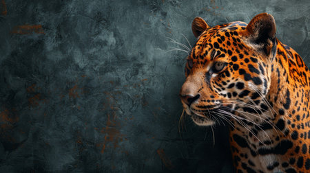 A large leopard standing next to a wall, observing its surroundings in a neutral stance.の素材