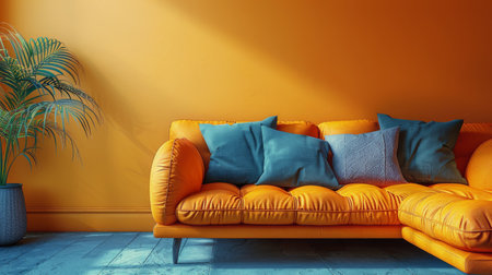 An orange couch is positioned in front of a vibrant blue wall, creating a striking contrast in the room.の素材