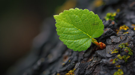 A small green leaf emerges from the rough bark of a tree, showing the resilience and growth of nature.の素材