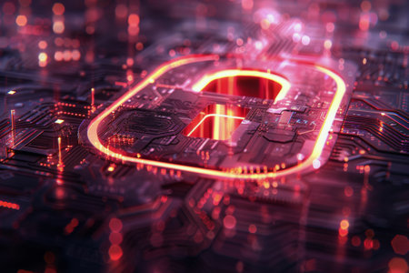 A pink circuit board with a lock attached to it, securing the electronic components.の素材