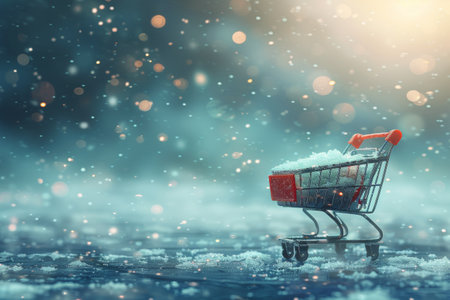 An empty shopping cart left in the snow-covered winter scene.の素材