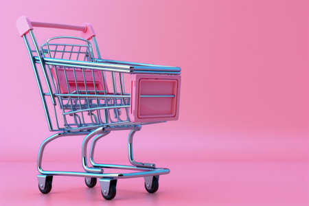 A shopping cart containing a pink box among various other items.の素材