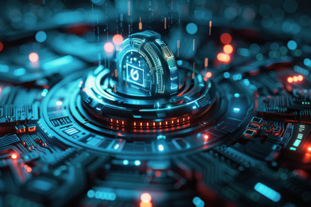 Detailed view of a computer circuit board showing intricate pathways and electronic components.の素材