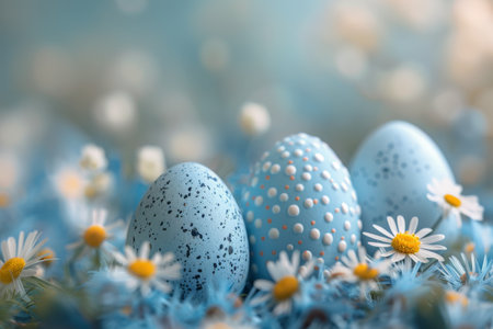 A blue Easter egg rests in the grass, blending with the greenery around it.の素材