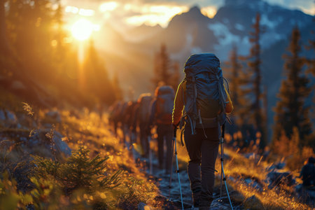 A group of hikers making their way up a steep mountain trail, surrounded by rugged terrain and dense vegetation.の素材