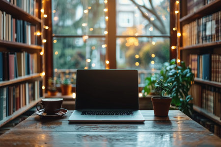 A modern laptop computer sits atop a rustic wooden table, blending technology with traditional decor.の素材